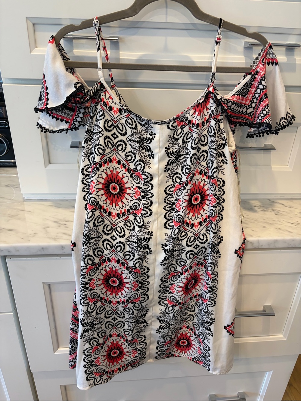 Cold-Shoulder Mini Dress in White with Pink & Black Print